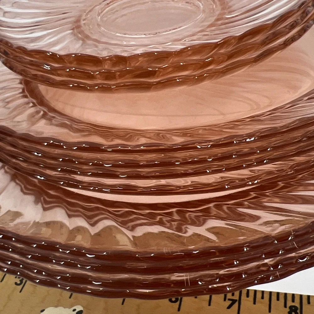 Arcoroc Rosaline Pink Swirl Depression Glass Plates Cup Made In France Set of 14